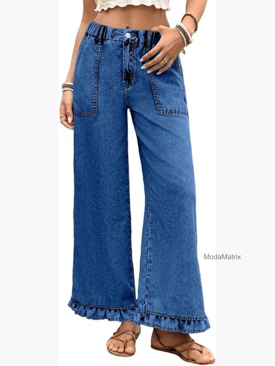 Denim - High Waisted Wide Leg Jeans with Ruffle Hem Stretch Denim Pants